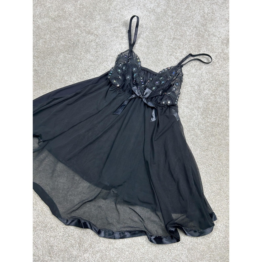 Fashion Nova Babydoll Lingerie Womens Small Black Mesh Sequin Gown Sleepwear